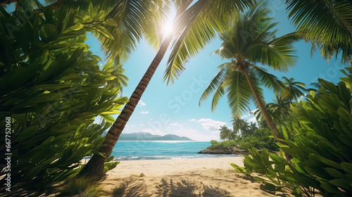 Green Palms on tropical beach.