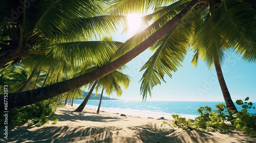 Green Palms on tropical beach.