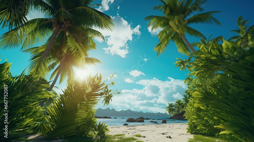 Green Palms on tropical beach.
