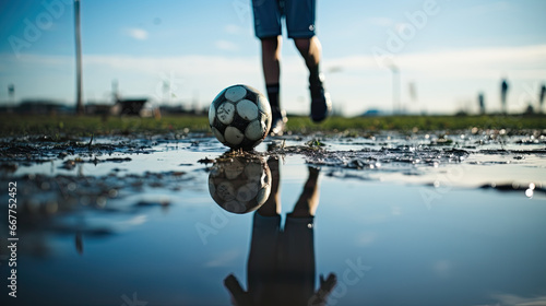 close-up of a soccer ball on a soccer field devastated by a competition and filled with water, football training in extreme conditions after a storm, puddle reflects a player with cleats © kiddsgn
