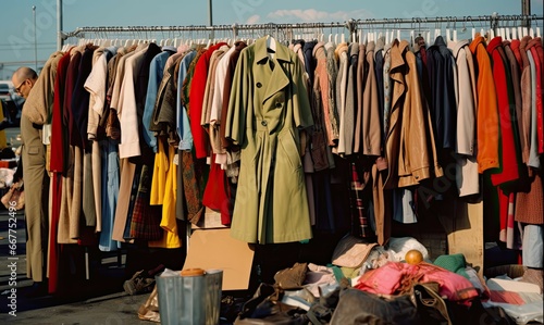 Old clothes hanging on a hanger, second hand flea market. Generative AI