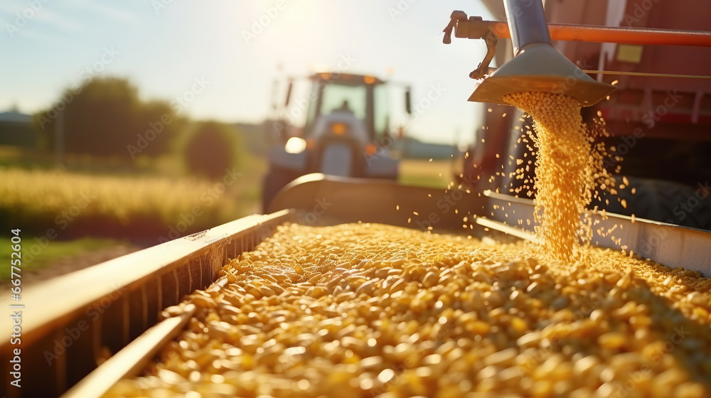 Harvester pouring freshly harvested corn maize seeds or soybeans into container trailer near, closeup detail, afternoon sunshine, Agriculture concept. - obrazy, fototapety, plakaty 