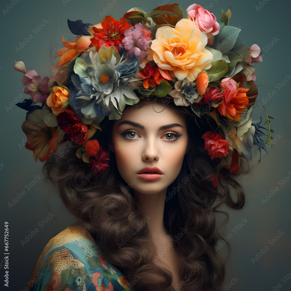 A beautiful girl with long brown hair with a flower wreath on her head. Rustic composition of spring 