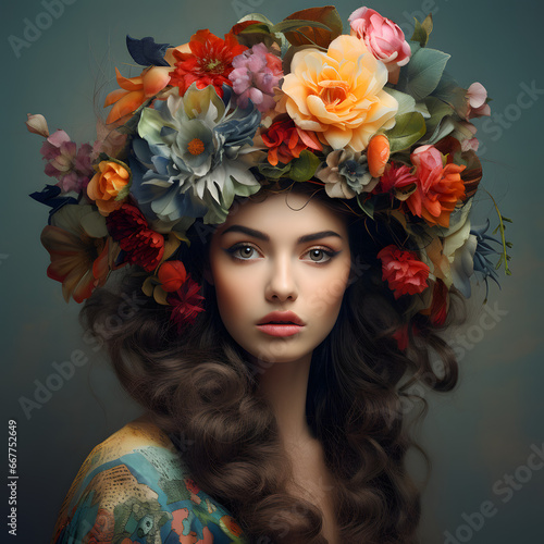 A beautiful girl with long brown hair with a flower wreath on her head. Rustic composition of spring 