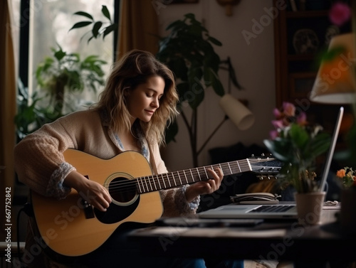 Young woman take lesson learning guitar from online course on laptop in her home, digital learning concept