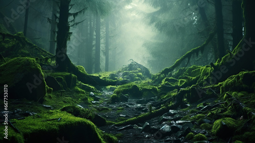 Magic deep forest with moss and fog. © Santy Hong