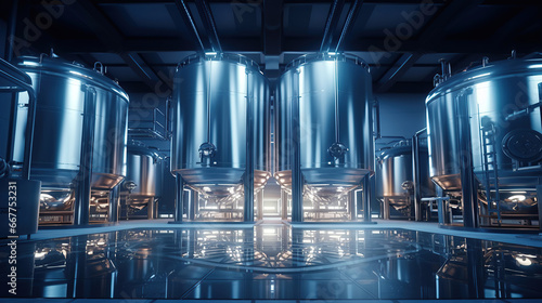 Modern brewery or alcohol production factory  Large steel fermentation tanks in spacious hall.