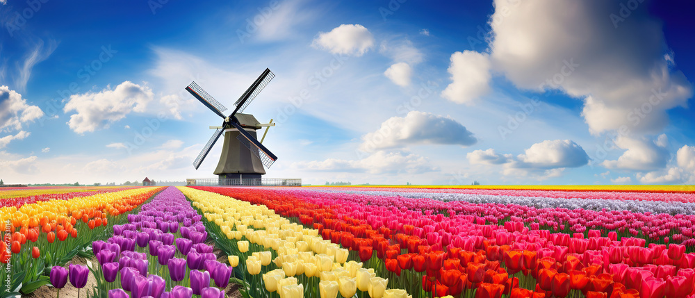 Panorama of landscape with blooming colorful tulip field, traditional dutch windmill and blue cloudy sky in Netherlands Holland , Europe - Tulips flowers background panoramic banner. - obrazy, fototapety, plakaty 