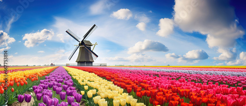 Panorama of landscape with blooming colorful tulip field, traditional dutch windmill and blue cloudy sky in Netherlands Holland , Europe - Tulips flowers background panoramic banner. #667753814