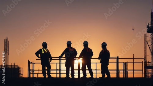 Silhouette of engineer and construction team working safely height building at sunset