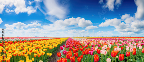 Panorama of landscape with blooming colorful tulip field, traditional dutch windmill and blue cloudy sky in Netherlands Holland , Europe - Tulips flowers background panoramic banner.