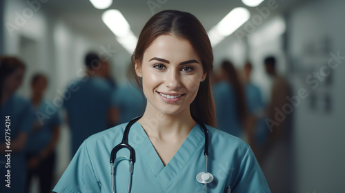 Portrait of a young nursing student standing with her team in hospital, dressed in scrubs, Doctor intern.