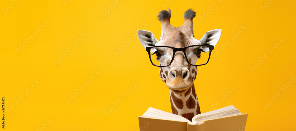 Giraffe with glasses reads a book on a orange background with space for text. - obrazy, fototapety, plakaty 