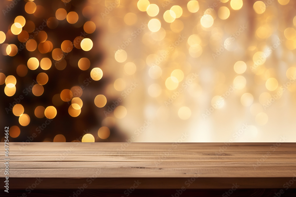 Festive wooden table with Christmas lights. Generative Ai Festive wooden table with Christmas lights. Generative Ai