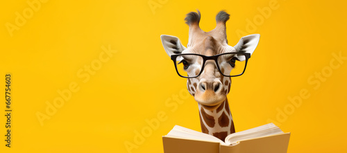 Giraffe with glasses reads a book on a orange background with space for text. photo