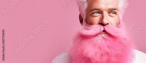 Cheerful elderly man with pink hair and pink beard on a pink background photo