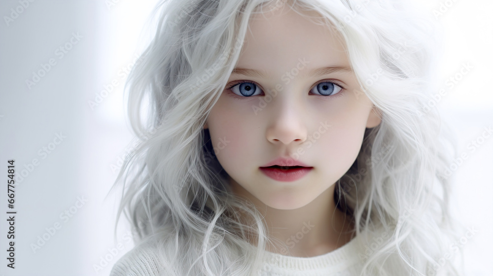 Close-up of a beautiful girl with snow-white hair on a white background. Close-up of a beautiful girl with snow-white hair on a white background.