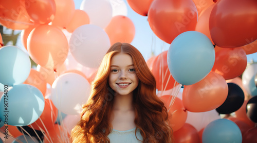A girl celebrates her birthday. 15th birthday celebration with balloons and gifts photo