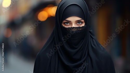 Arab woman wearing black hijab closeup outdoors