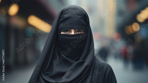 Arab woman wearing black hijab closeup outdoors