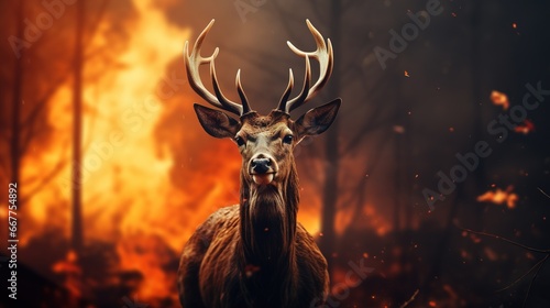 Deer running away from a fire in the forest