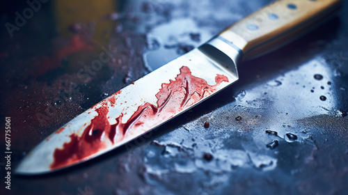 Fotografia A bloody knife lies on the floor in rainy weather
