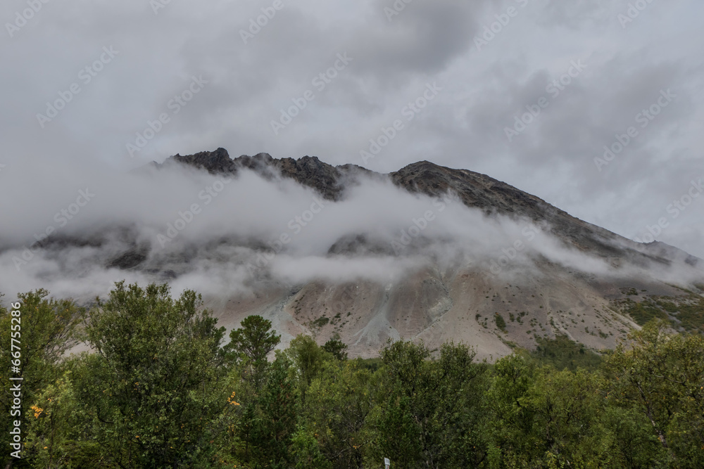 A mountain covered by clouds. A forest on the foreground.