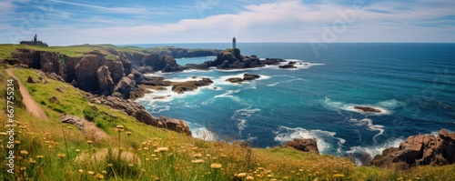 Cap Frehel peninsula, Bretagne, copy space, Generative AI photo