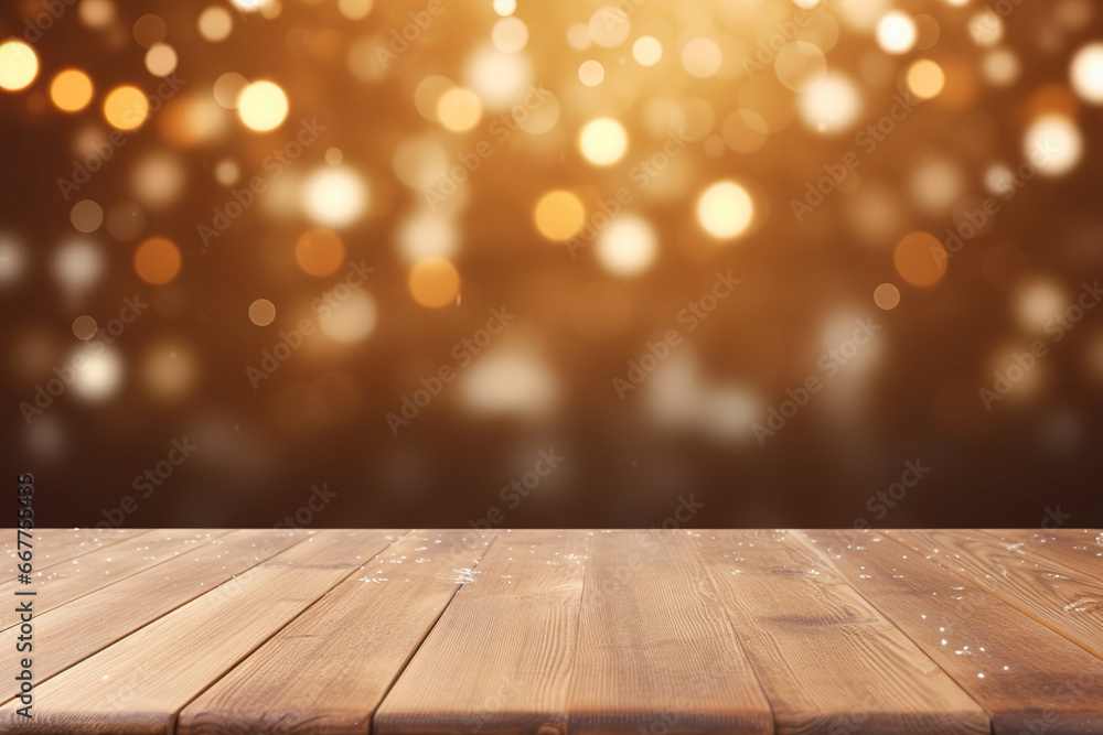 Festive wooden table with Christmas lights. Generative Ai