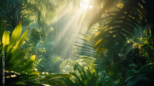 Sunrise in jungle rainforest view through tropical palm tree plants and lush fern foliage. Beautiful sunny morning in magic forest. Exotic nature landscape with wonderful majestic scenery.