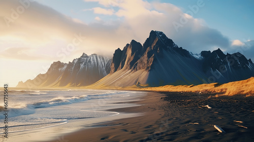 Vestrahorn mountaine on Stokksnes cape in Iceland during sunset. Amazing Iceland nature seascape. popular tourist attraction. Best famous travel locations. Scenic Image of Iceland.