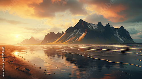 Vestrahorn mountaine on Stokksnes cape in Iceland during sunset. Amazing Iceland nature seascape. popular tourist attraction. Best famous travel locations. Scenic Image of Iceland.