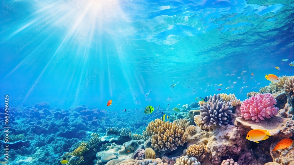 Fototapeta premium Underwater view of coral reef with fishes and corals, underwater landscape