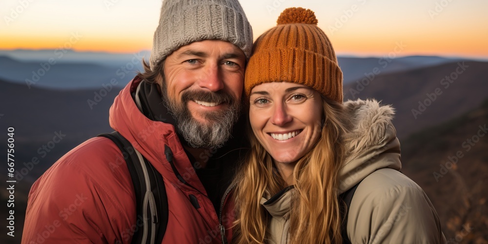 Portrait of smiling couple in winter clothes looking at camera on top of mountain Portrait of smiling couple in winter clothes looking at camera on top of mountain
