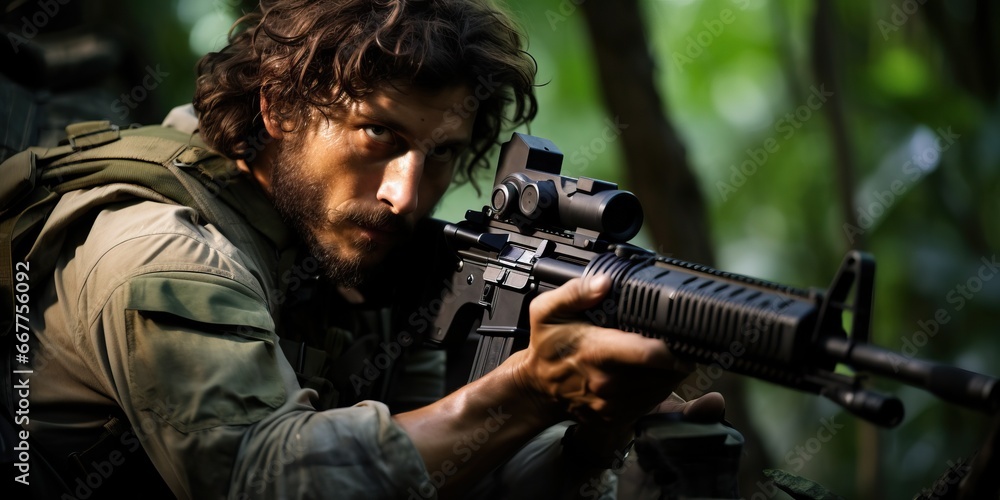 a soldier with a machine gun in the forest. a soldier with a machine gun in the forest.