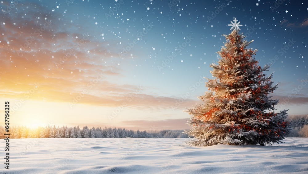 Fir tree covered with snow against snowy landscape with fir trees at sunset Fir tree covered with snow against snowy landscape with fir trees at sunset
