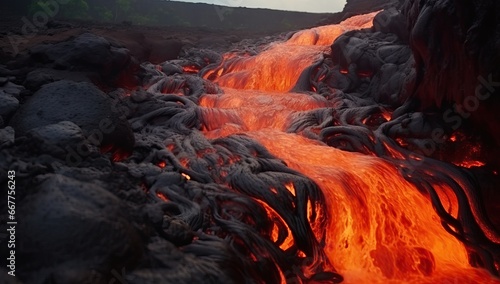 Volcanic eruption. Lava flow.