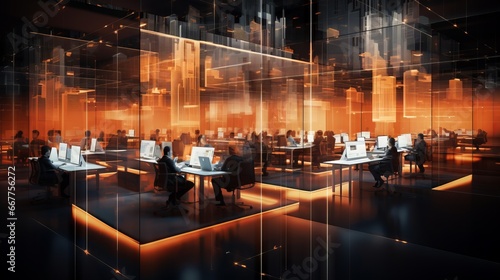 Computer rooms and people working at computers.