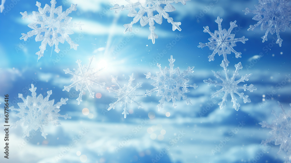 Winter weather snow snowy, chrsitmas background banner greeting card - Frame made of frozen ice crystal and snowflakes and with blue sky and sunshine. Winter weather snow snowy, chrsitmas background banner greeting card - Frame made of frozen ice crystal and snowflakes and with blue sky and sunshine.