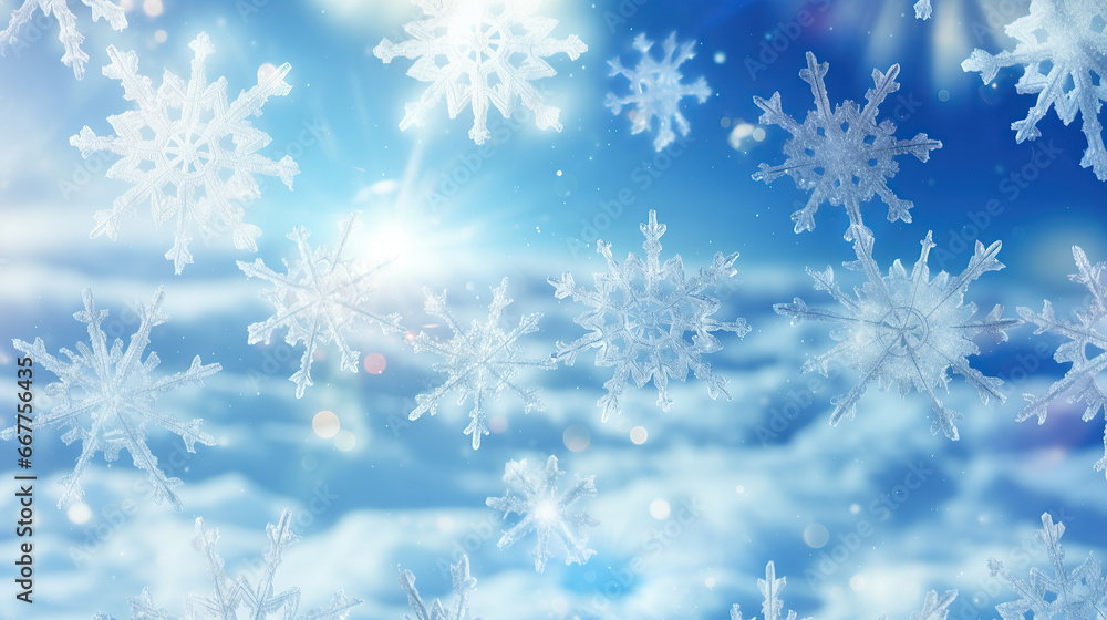 Winter weather snow snowy, chrsitmas background banner greeting card - Frame made of frozen ice crystal and snowflakes and with blue sky and sunshine. Winter weather snow snowy, chrsitmas background banner greeting card - Frame made of frozen ice crystal and snowflakes and with blue sky and sunshine.