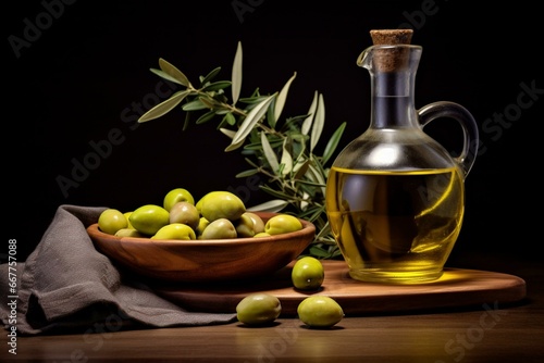 olive oil and olives on wooden surface. Generative AI
