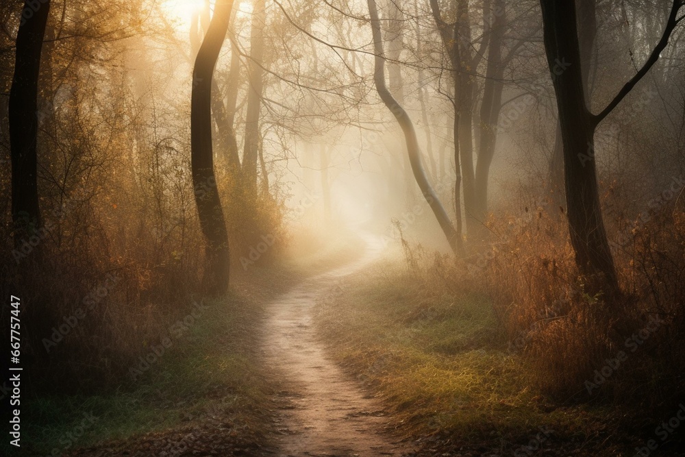 Enigmatic misty forest path illuminated by the sunrise. Generative AI
