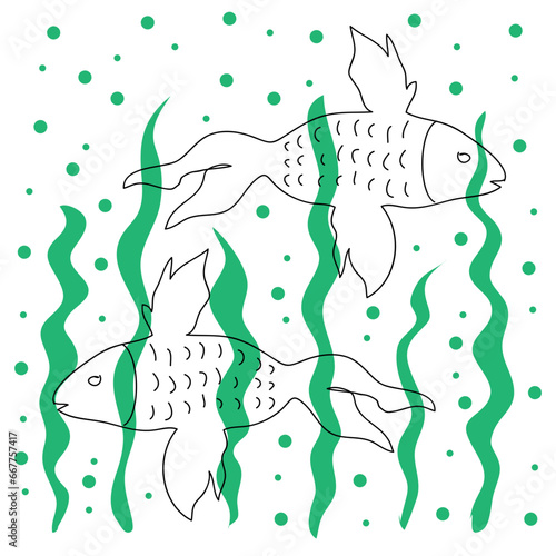 Hand drawn in line style vector illustration of fish and seaweed