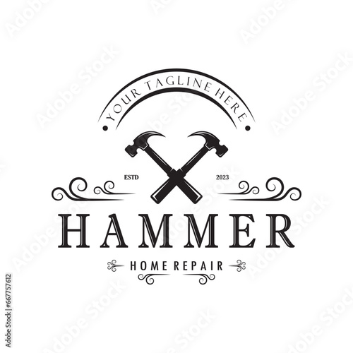 retro vintage crossed hammer and nail logo for home repair services, carpentry, badges, builders, woodworking, construction, vector