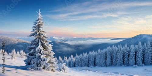 Fantastic winter landscape with snowy fir trees