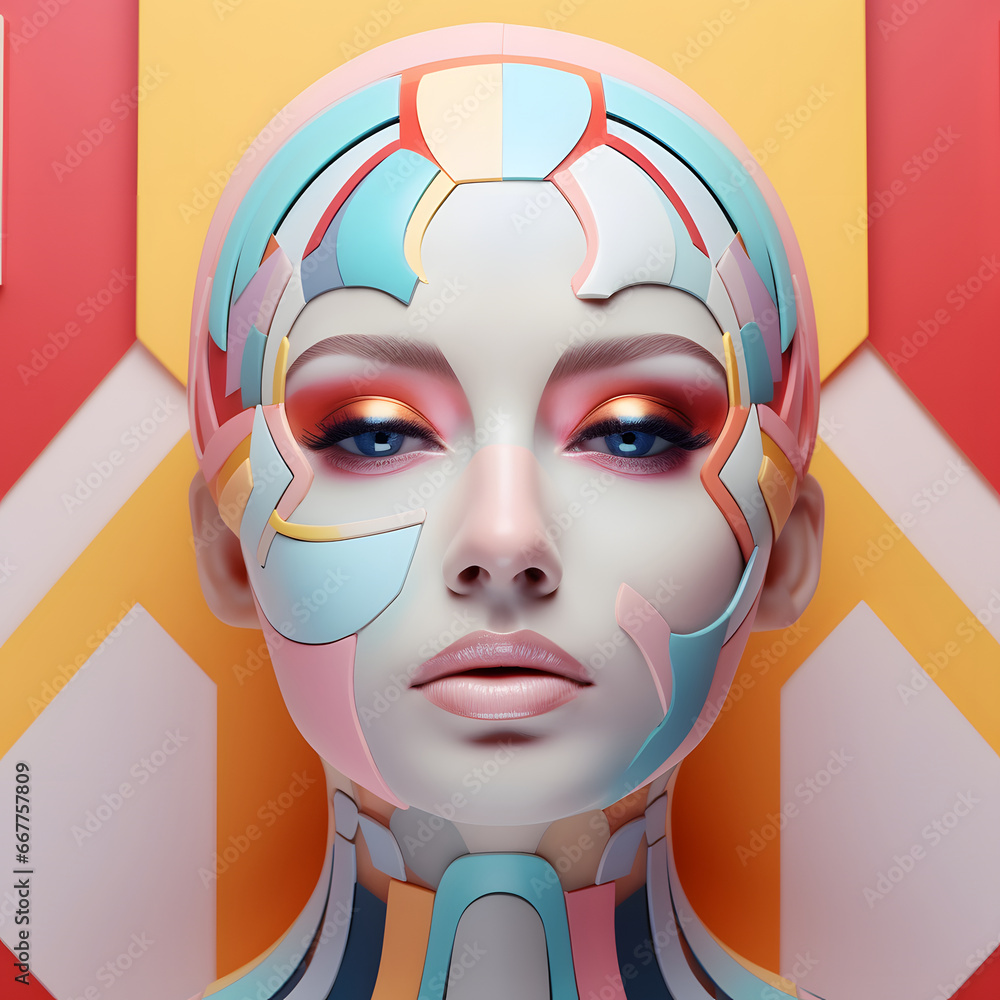 Beautiful makeup of a young woman with a futuristic look. Head and background decorated with geometric shapes in pastel colors. Pop art style.