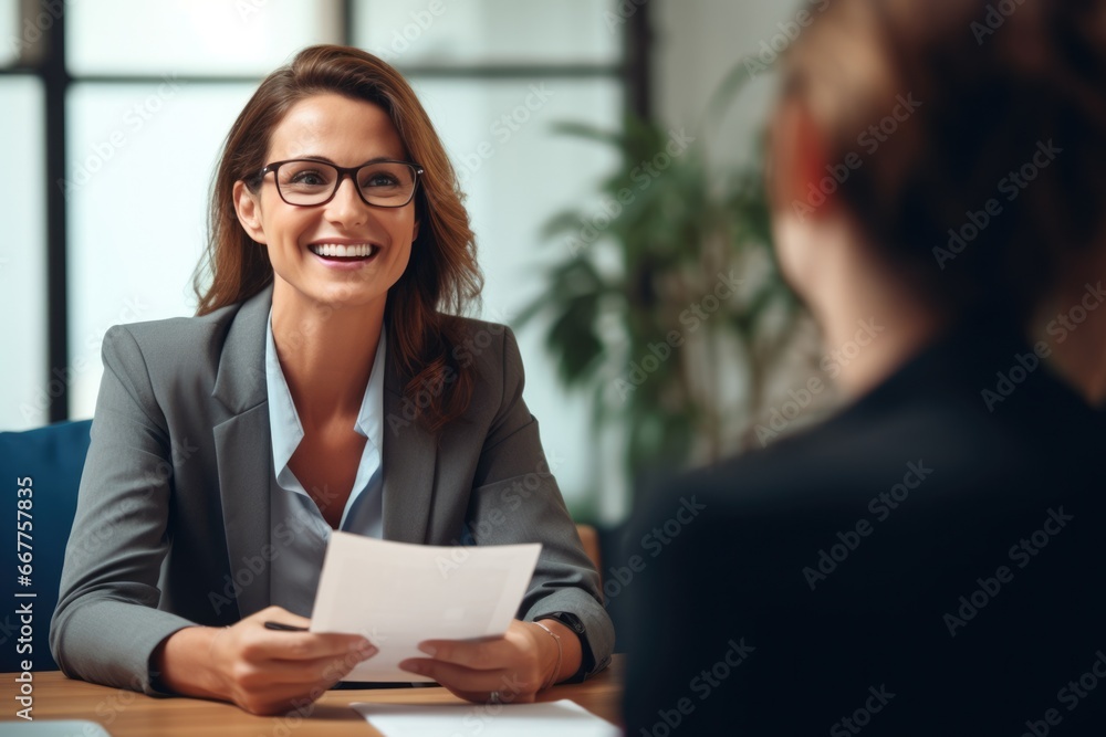 Middle aged professional business woman executive HR manager having job interview or business discussion in corporate office meeting. - obrazy, fototapety, plakaty 