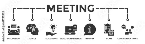 Meeting banner web icon vector illustration for business meeting and discussion with communications, topics, solutions, plan, inform and video conference icon