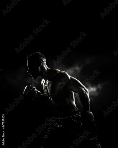 Shadow Warrior, portrait of a boxer in the dark, backlight highlights the silhouette of the athlete, hard training isolated on a black background 