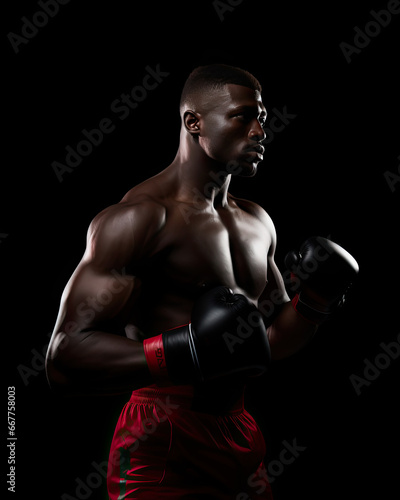 Portrait of a Skilled Boxer with Red Shorts and Black Gloves, strong and muscular shirtless fighter, photoshoot with studio light isolated on a black background  © THINGDSGN